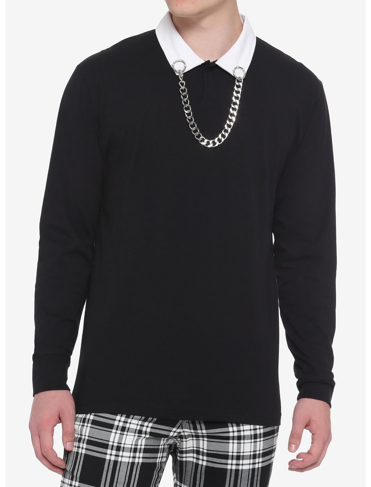 Black long sleeve on sale shirt with white collar