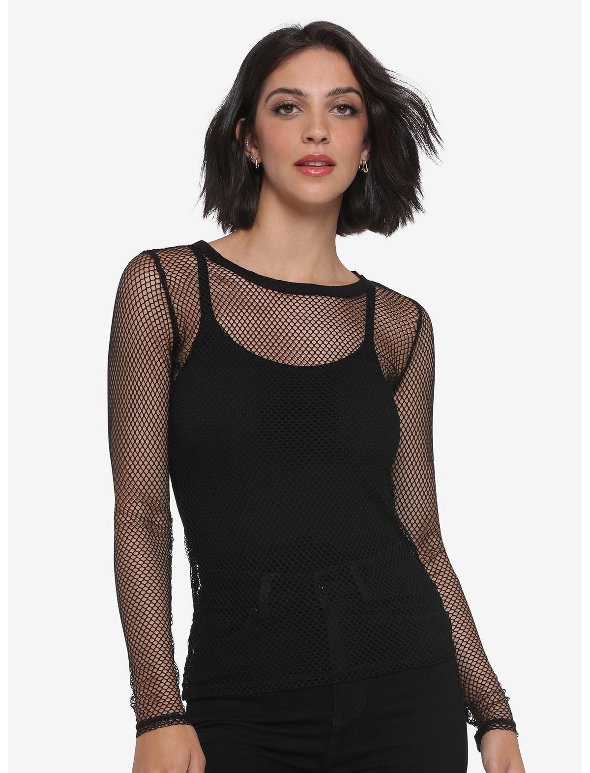 Black Fishnet Mesh Girls Long-Sleeve Top, , hi-res