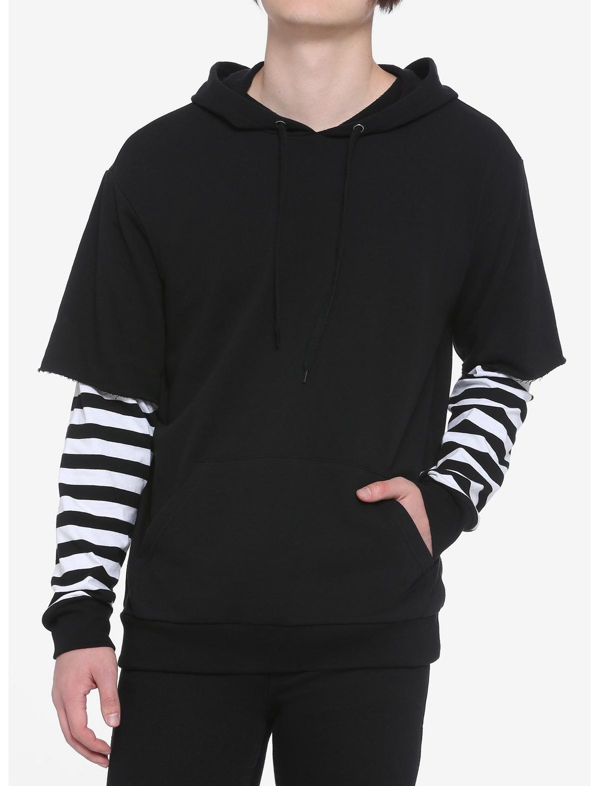 Black sweatshirt with white stripes best sale