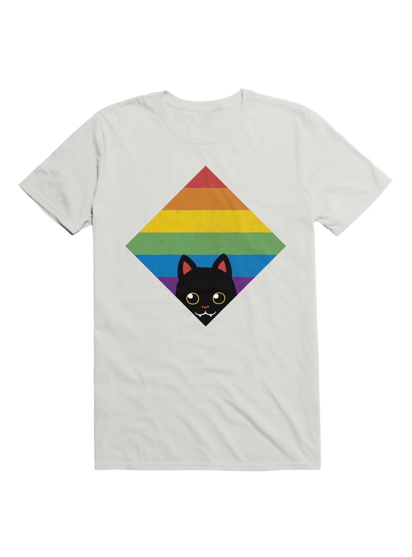 Peeking Cat Rainbow Pride Square Flag T-Shirt, WHITE, hi-res
