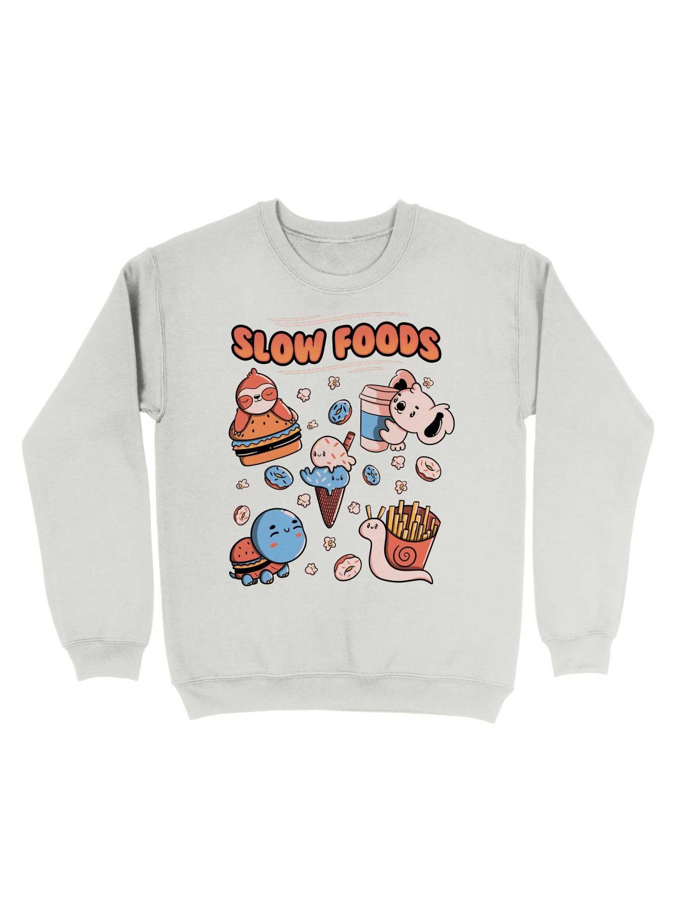 Slow Food Cute Animals Sloth Koala Turtle Snail Fries Sweatshirt, WHITE, hi-res