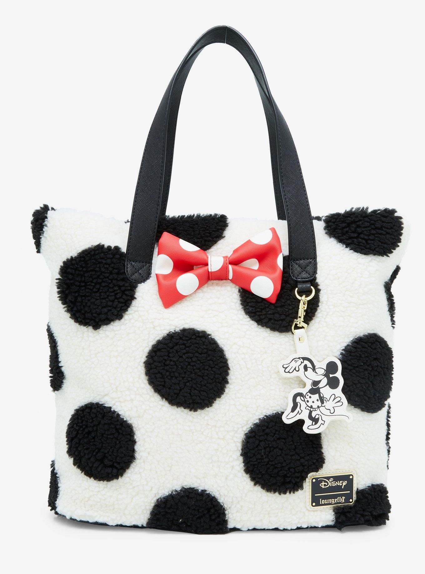 Loungefly Disney Minnie Mouse Black and White Polka Dot Sherpa Tote Bag, , hi-res