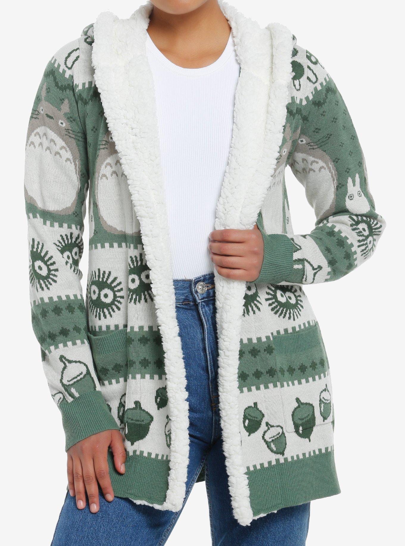 Her Universe Studio Ghibli My Neighbor Totoro Fair Isle Sherpa Open Cardigan, GREEN  WHITE, hi-res