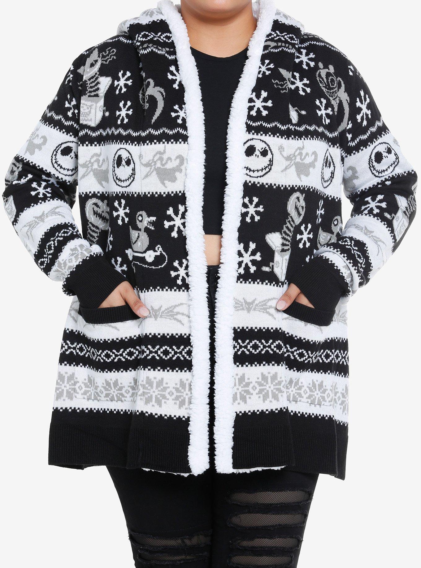 The Nightmare Before Christmas Fair Isle Sherpa Open Cardigan Plus Size, BLACK  WHITE, hi-res