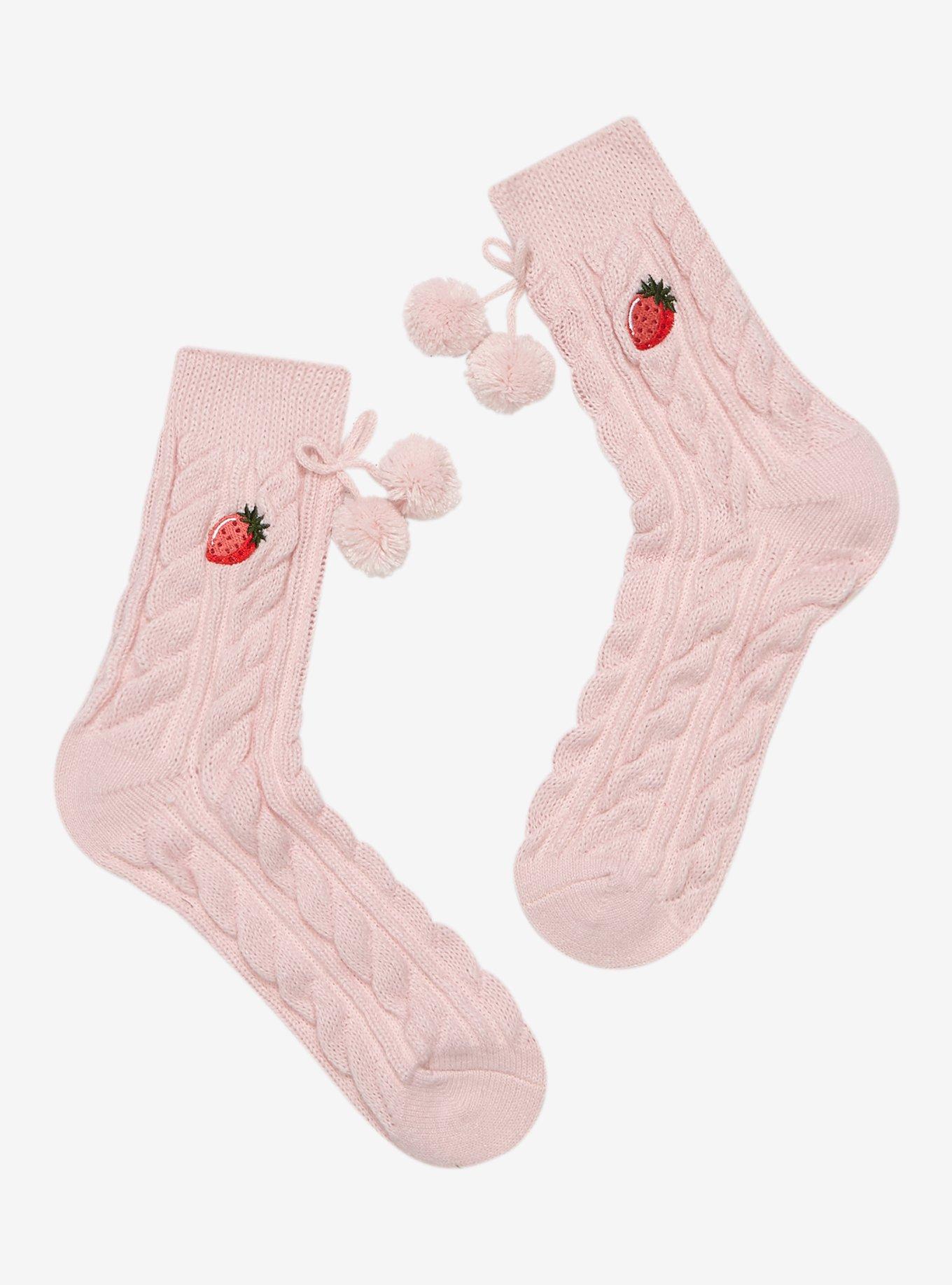 Strawberry Pom Chunky Knit Crew Socks, , hi-res
