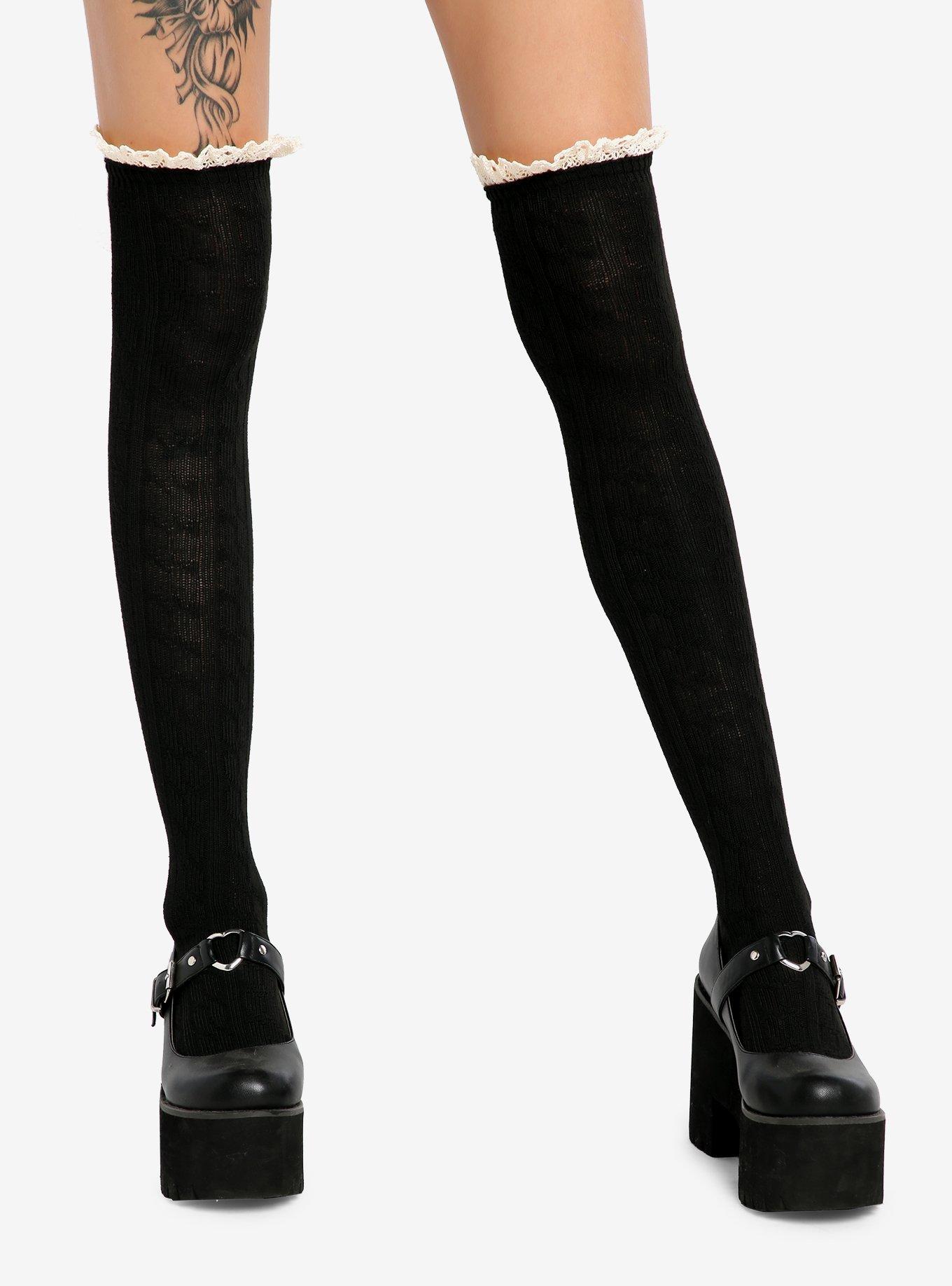 Hot Topic Black & Cream Knit Lace Knee-High Socks