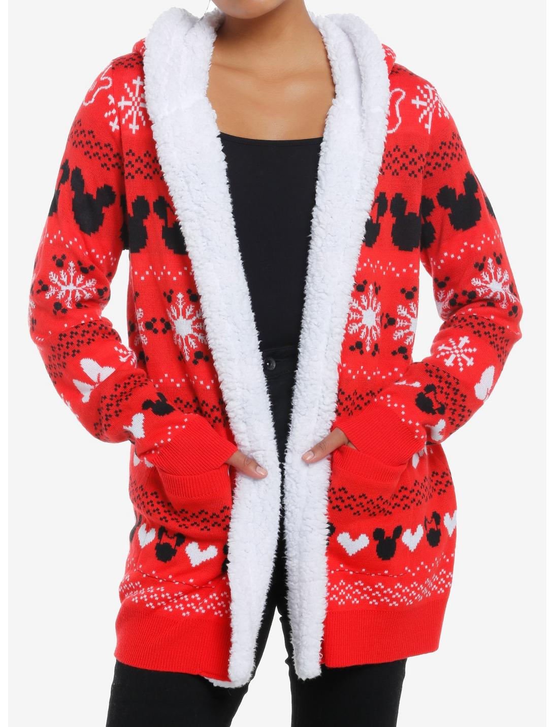 Disney Mickey Mouse & Minnie Mouse Fair Isle Sherpa Open Cardigan, RED  WHITE  BLACK, hi-res