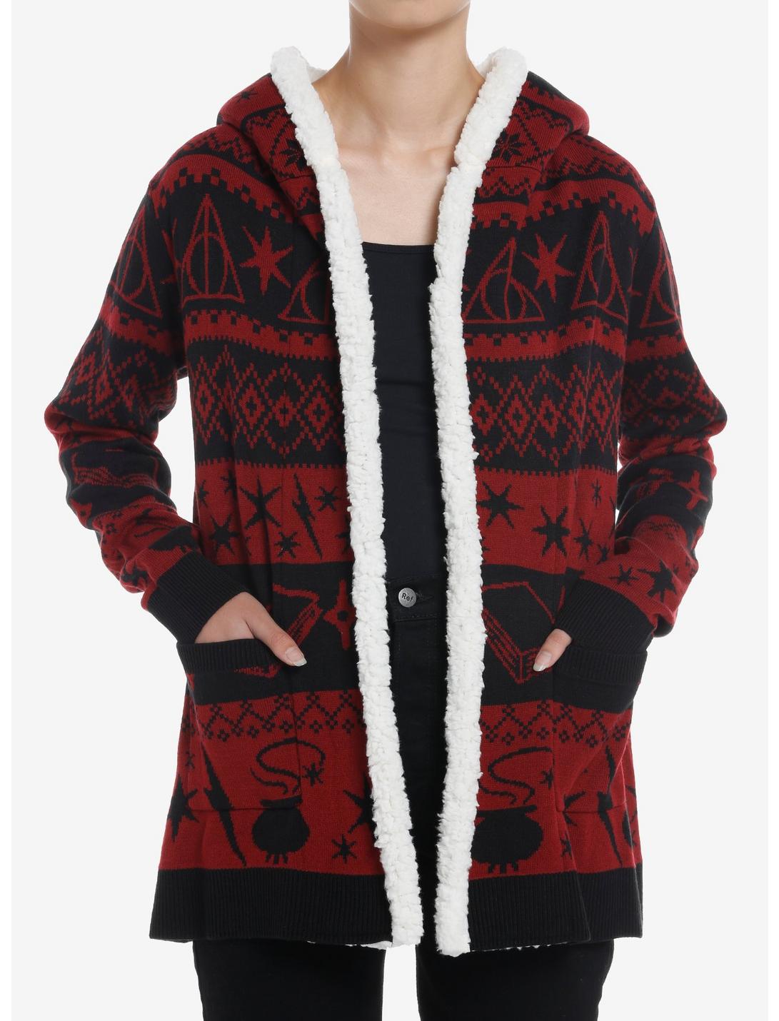 Harry Potter Deathly Hallows Fair Isle Sherpa Open Cardigan, RED  BLACK, hi-res