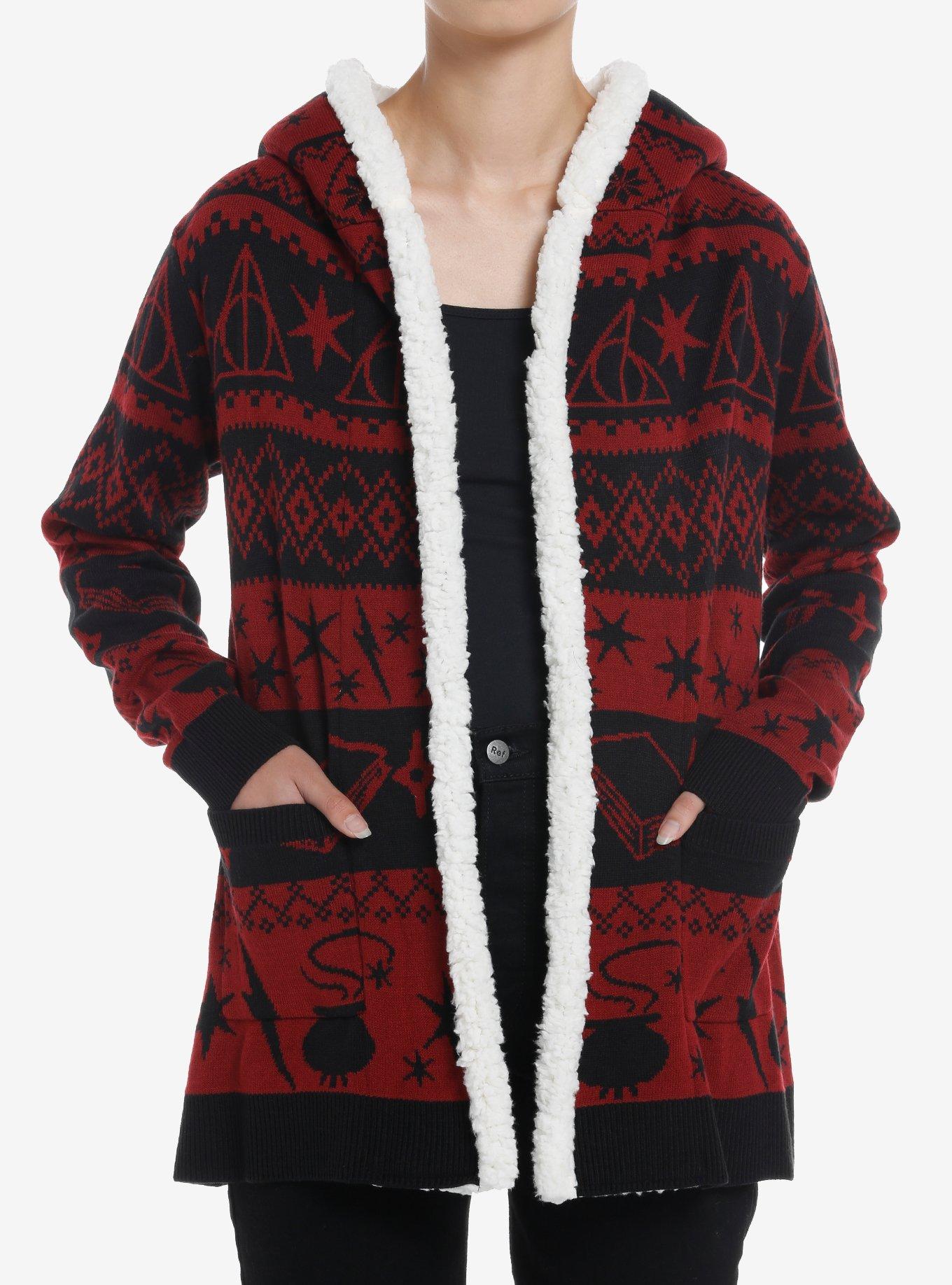 Harry Potter Deathly Hallows Fair Isle Sherpa Open Cardigan, RED  BLACK, hi-res