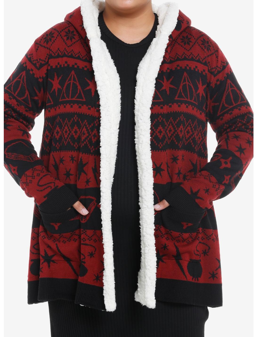 Harry Potter Deathly Hallows Fair Isle Sherpa Open Cardigan Plus Size, RED  BLACK, hi-res