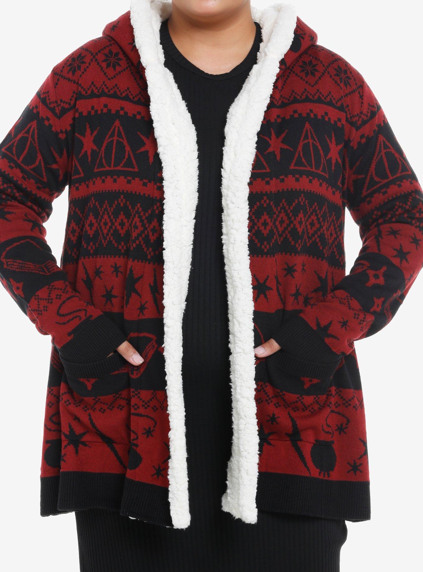 Harry Potter Deathly Hallows Fair Isle Sherpa Open Cardigan Plus Size, RED  BLACK, hi-res
