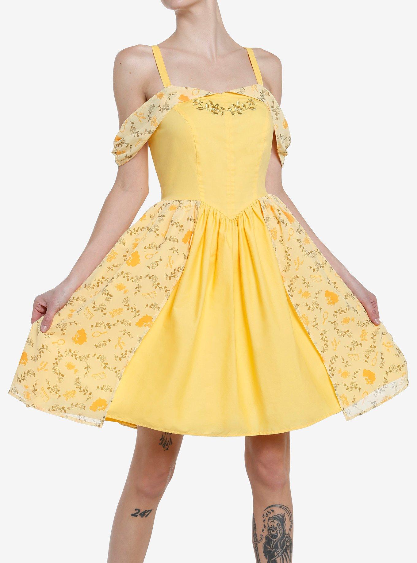 Her Universe Disney Beauty And The Beast Belle Cold Shoulder Dress, BANANA YELLOW, hi-res