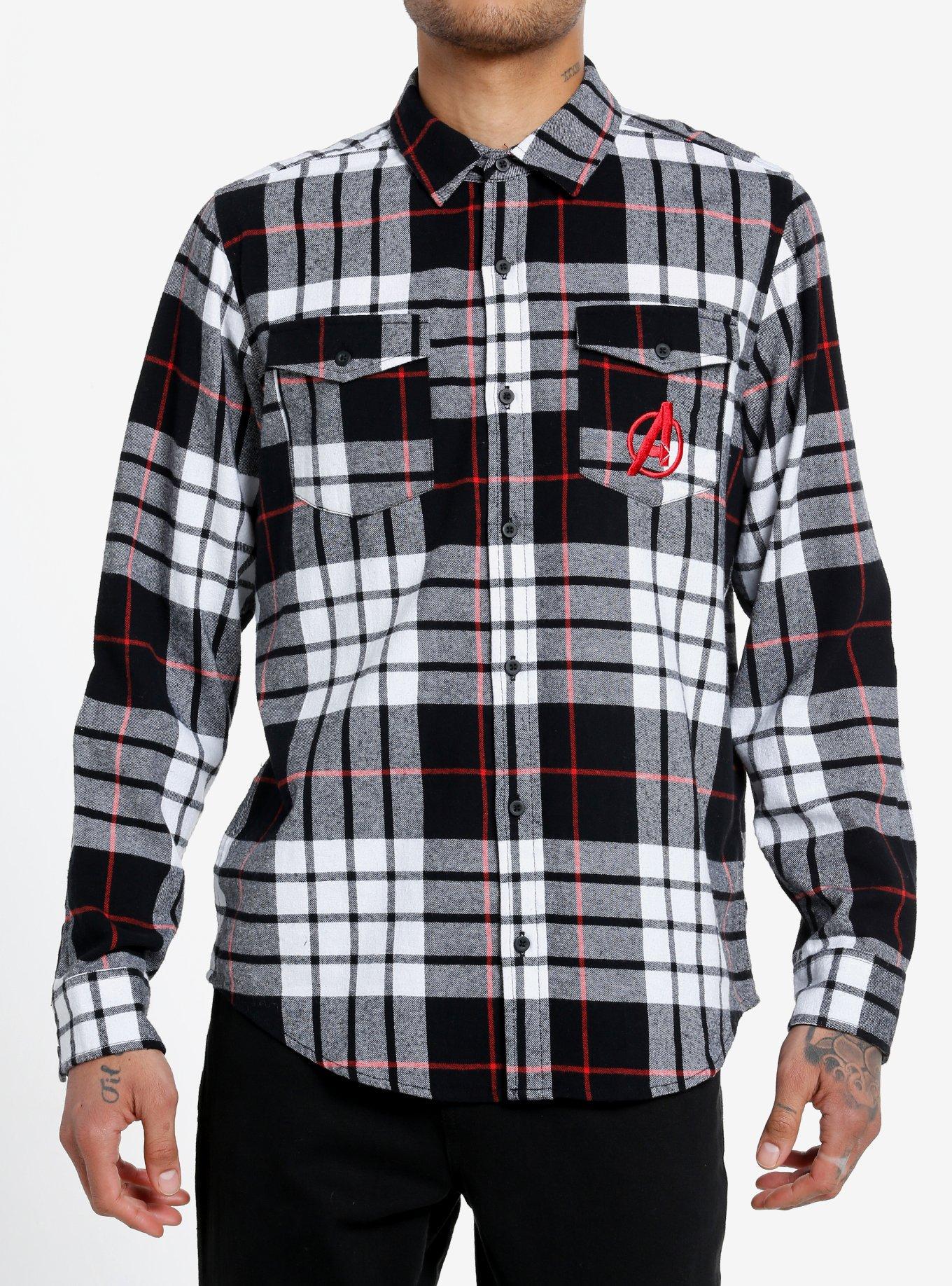 Our Universe Marvel Avengers Logo Flannel Button-Up Our Universe Exclusive, BLACK WHITE PLAID, hi-res