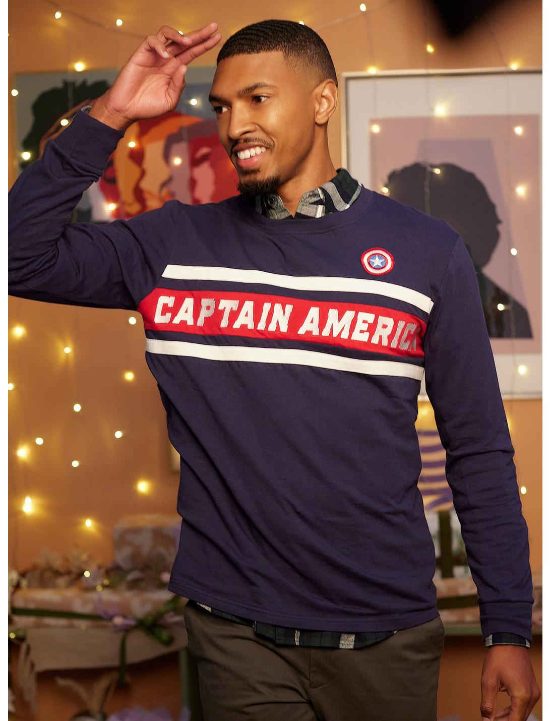 Our Universe Marvel Captain America Long-Sleeve T-Shirt Our Universe Exclusive, NAVY  RED, hi-res