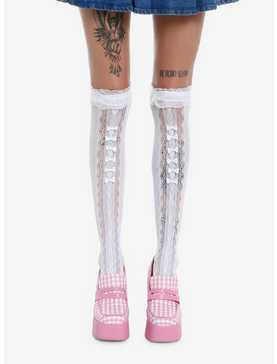 White Lace Bow Knee-High Socks, , hi-res