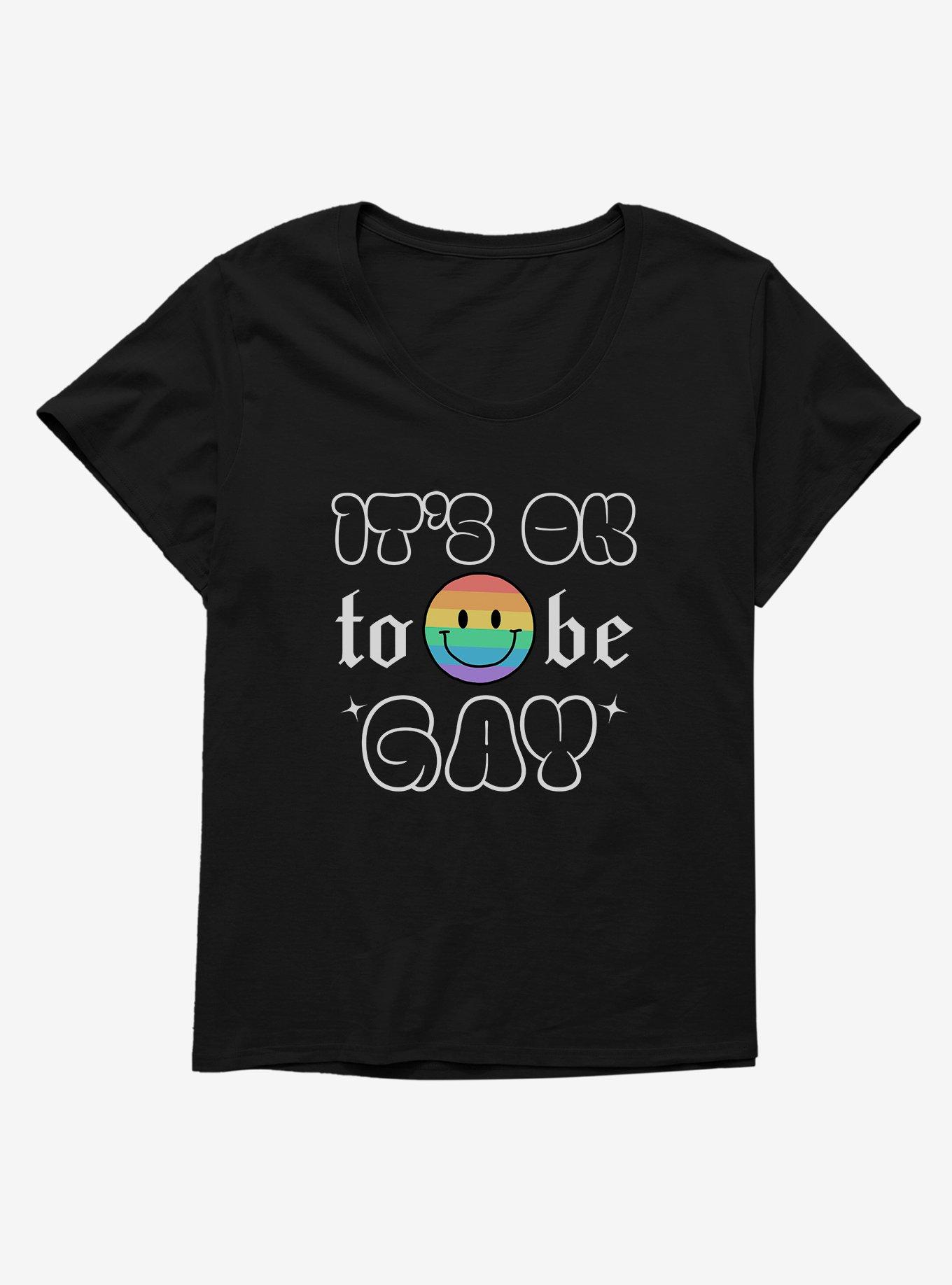 Pride It's Ok Smiley Rainbow Face Womens T-Shirt Plus Size, BLACK, hi-res