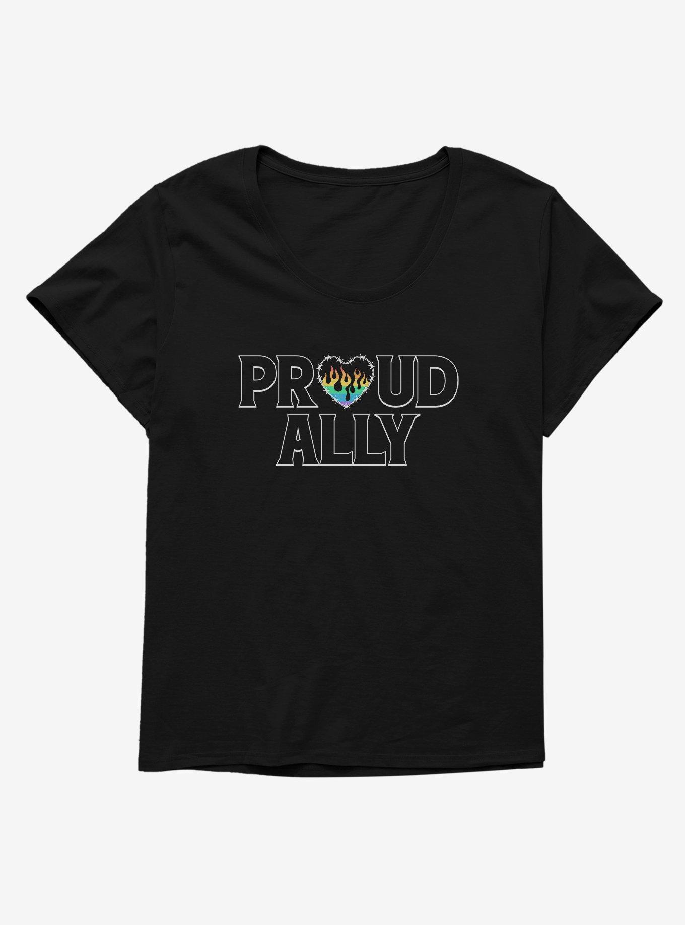 Pride Proud Ally Flames Womens T-Shirt Plus Size, BLACK, hi-res