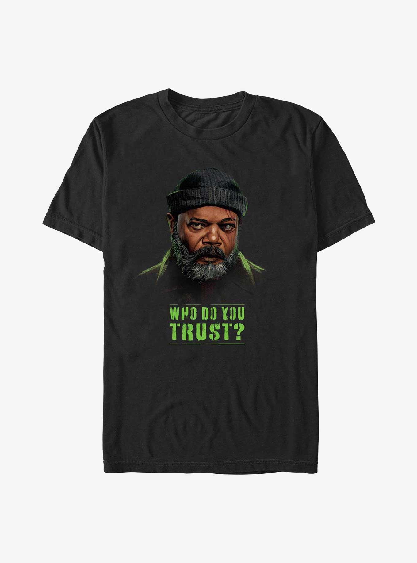 Marvel Secret Invasion Nick Fury Who Do You Trust Poster Big & Tall T-Shirt, BLACK, hi-res