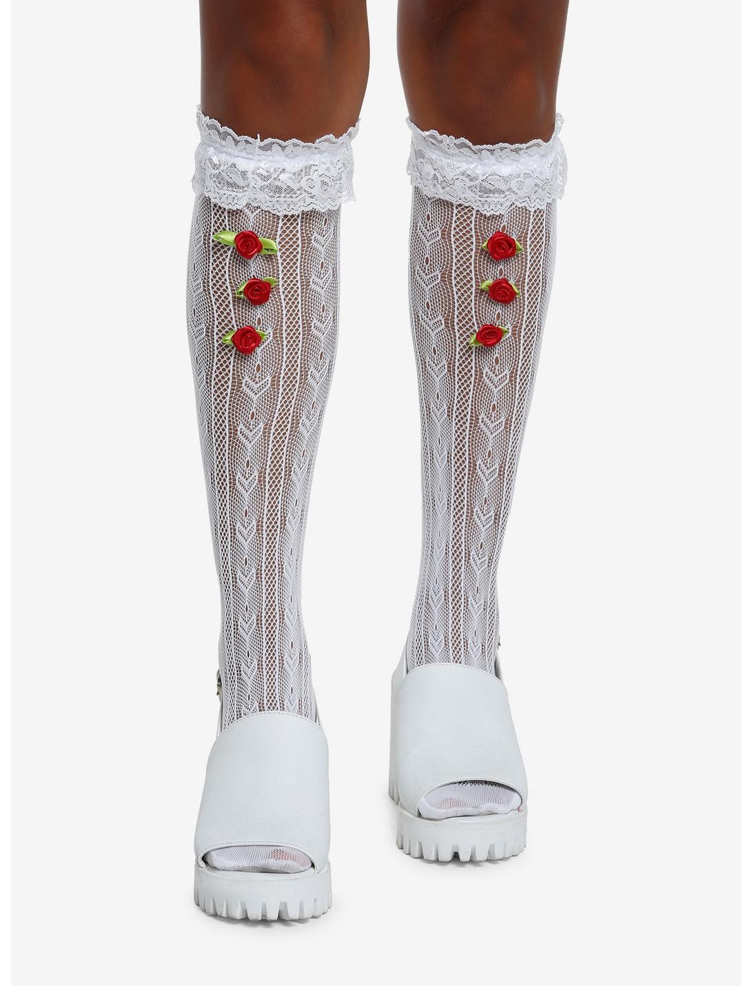 White Ruffle Rose Knee High Socks, , hi-res