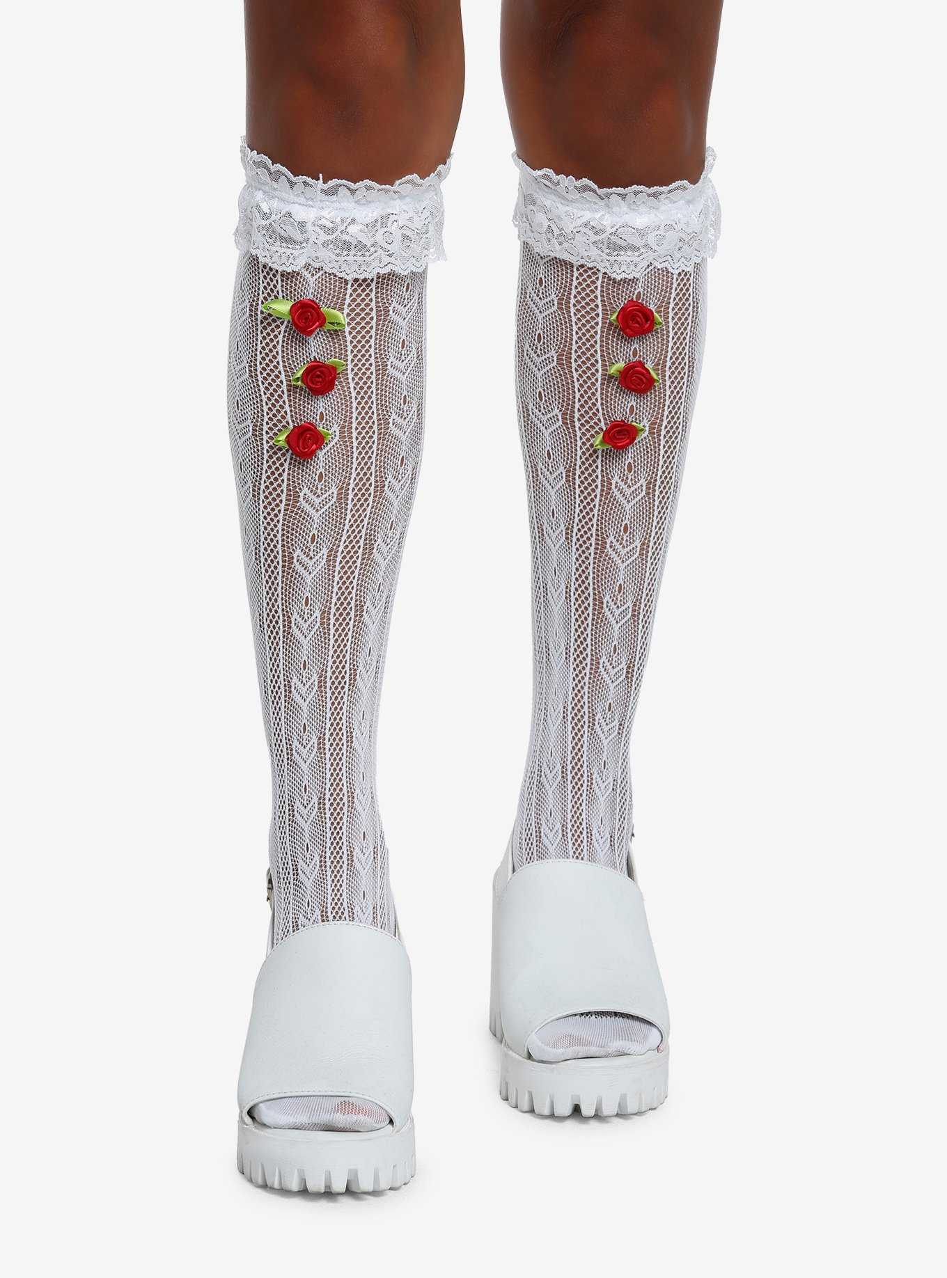 White Ruffle Rose Knee High Socks, , hi-res