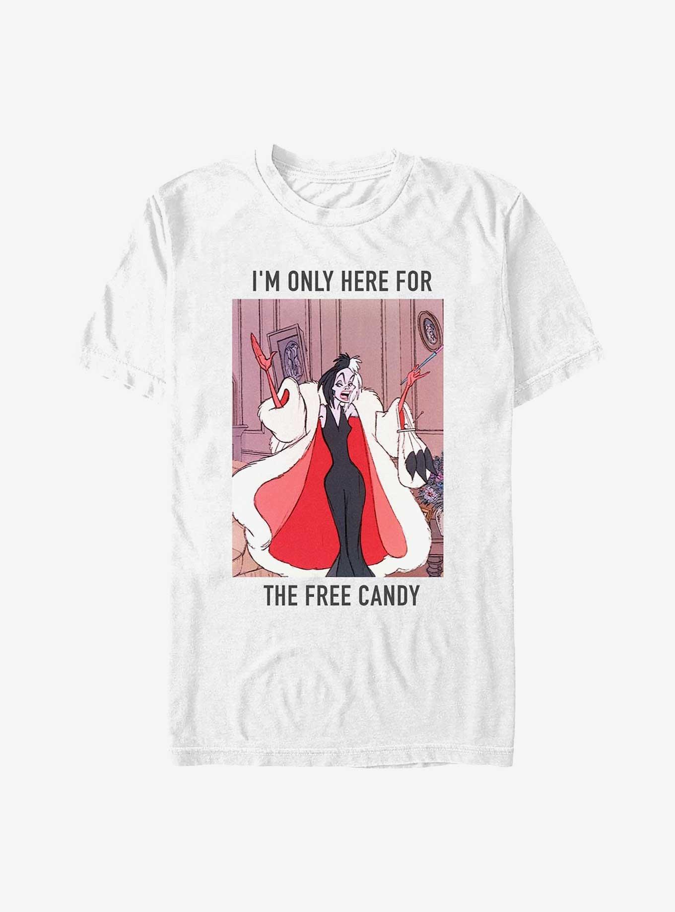 Disney 101 Dalmatians Cruella I'm Only Here For The Free Candy T-Shirt, WHITE, hi-res