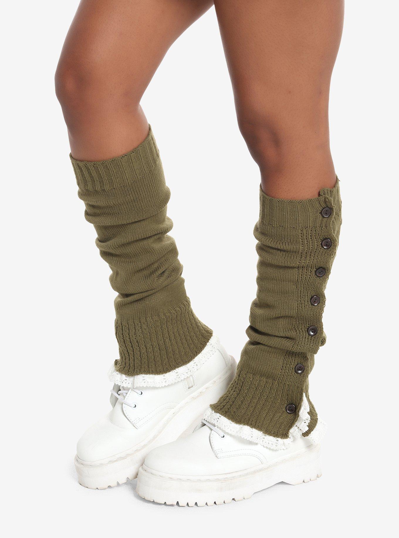 Olive Button Lace Leg Warmers, , hi-res