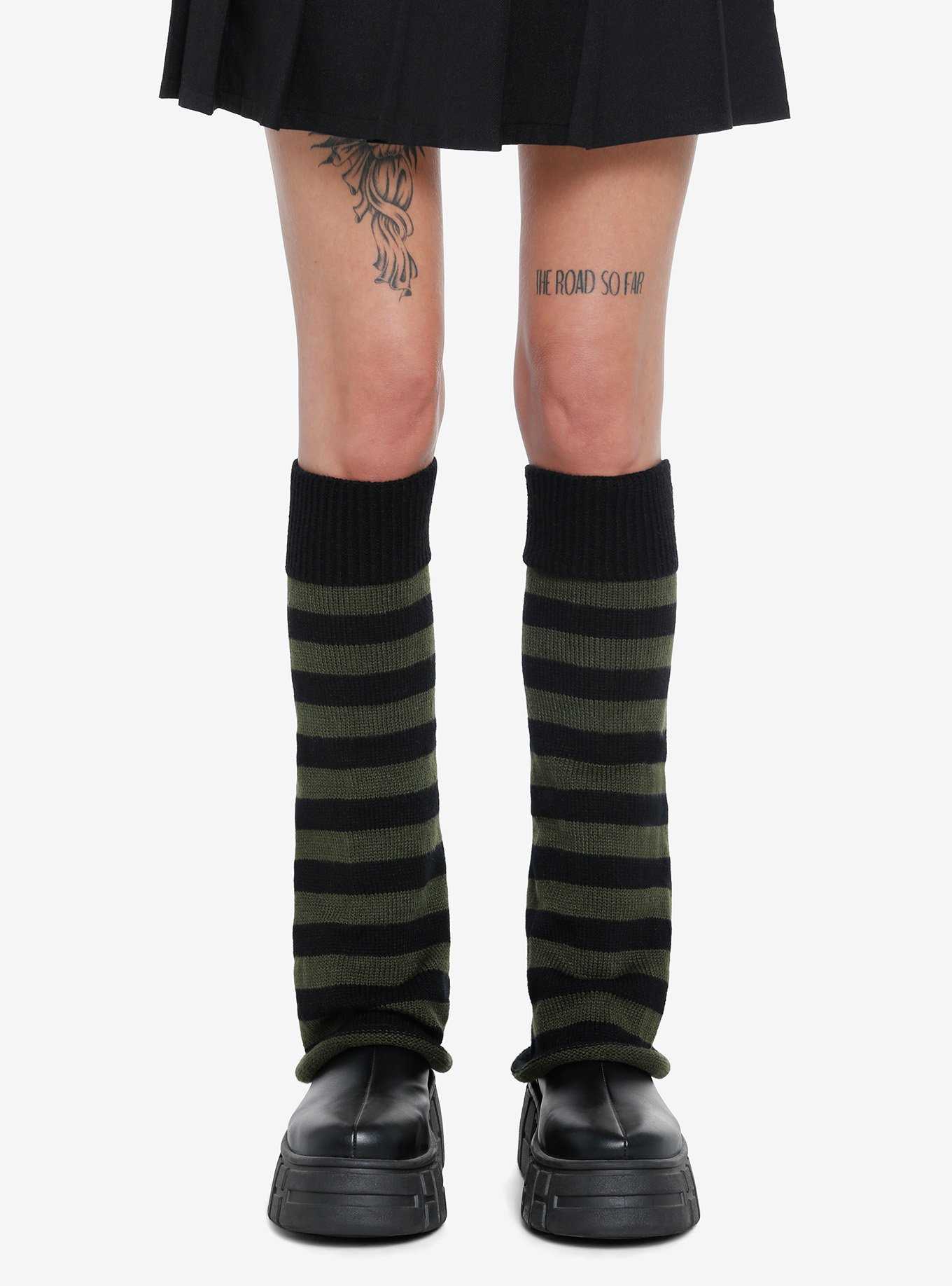 Olive & Black Stripe Knit Leg Warmers, , hi-res