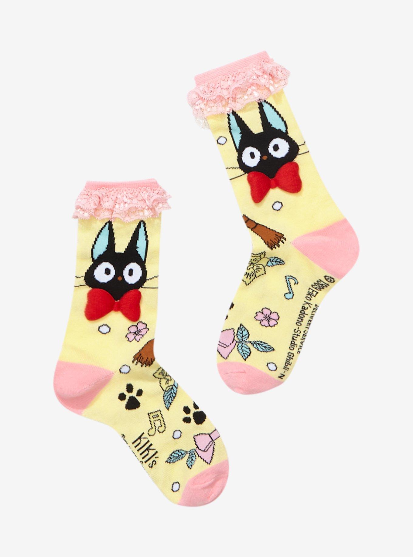Studio Ghibil Kiki's Delivery Service Jiji Pink Ruffle Crew Socks, , hi-res