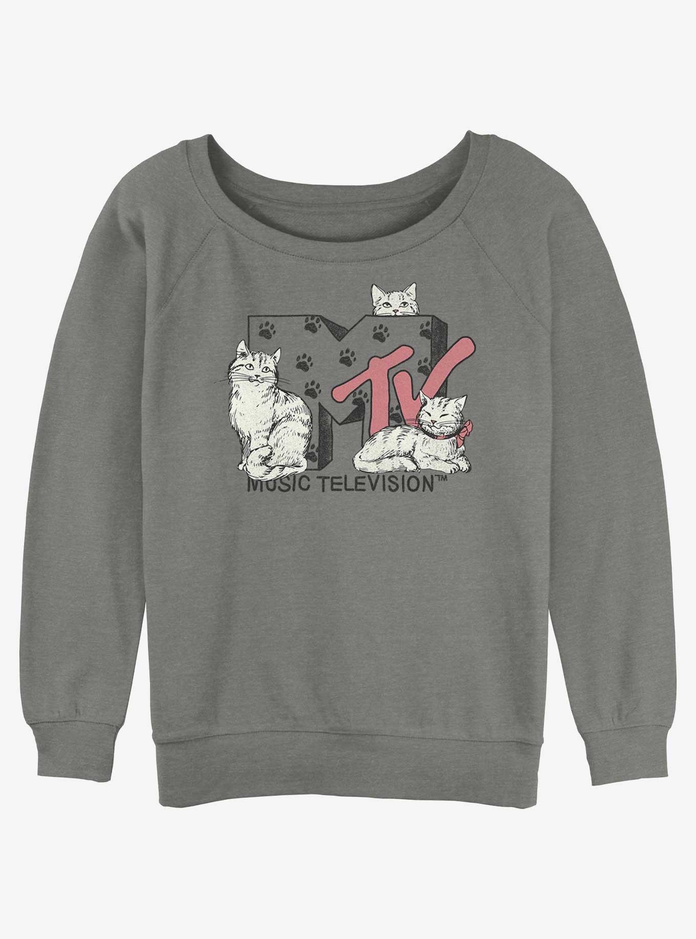 MTV Meowsic Television Cat Logo Girls Slouchy Sweatshirt, GRAY HTR, hi-res