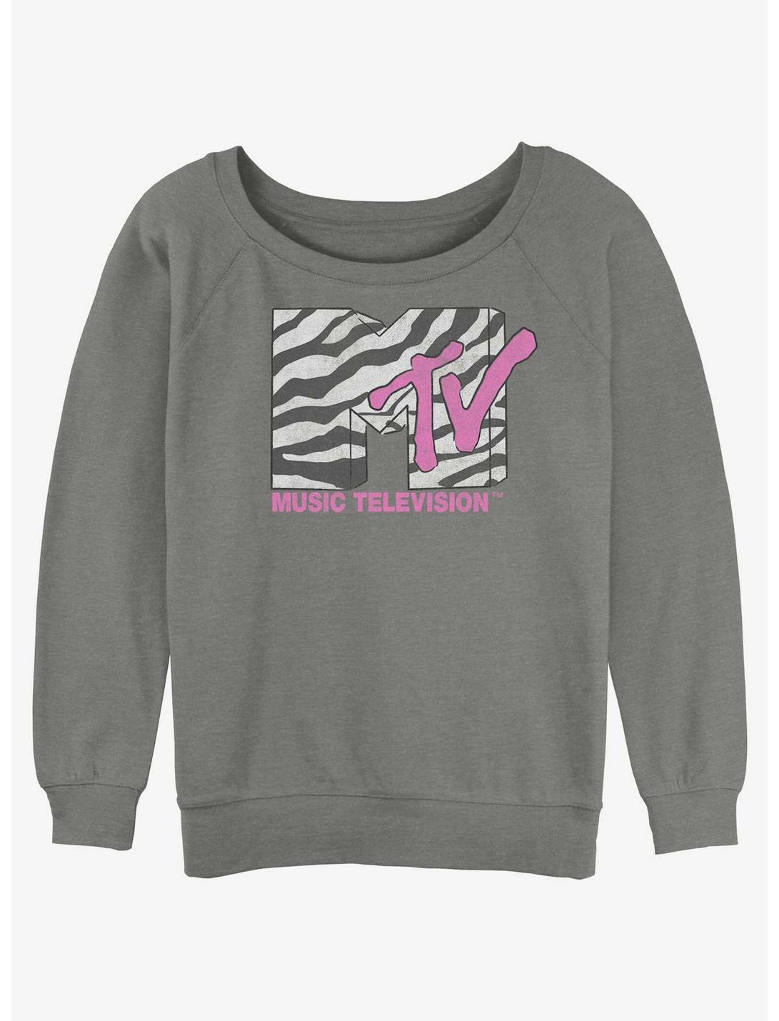 MTV Zebra Print Logo Girls Slouchy Sweatshirt, GRAY HTR, hi-res