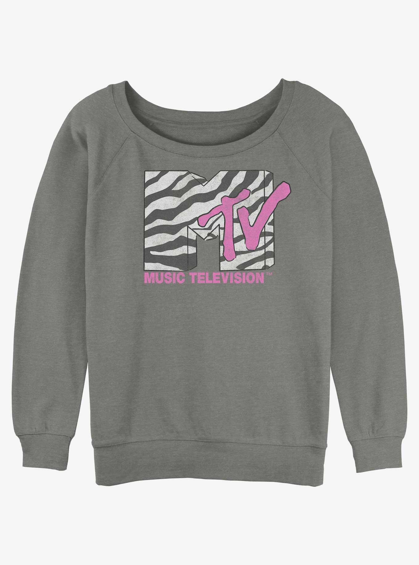 MTV Zebra Print Logo Womens Slouchy Sweatshirt, GRAY HTR, hi-res