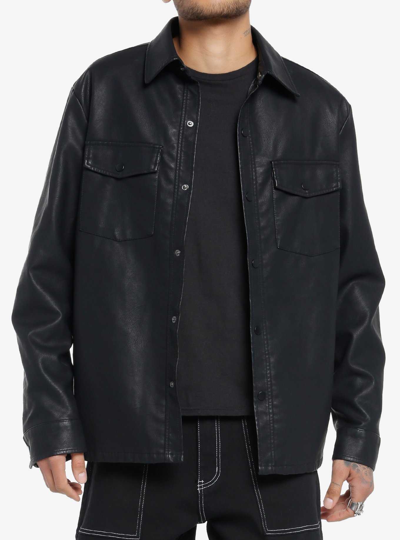 Black Faux Leather Shacket, , hi-res