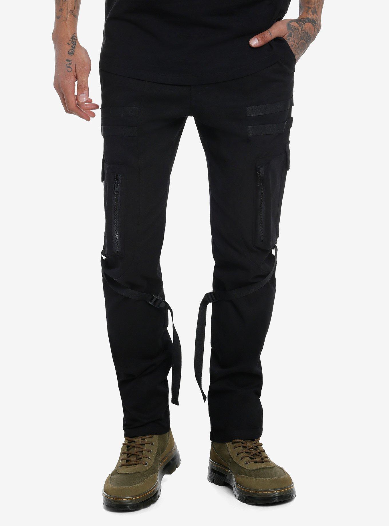 Black Tactical Strap Pocket Cargo Pants, BLACK, hi-res