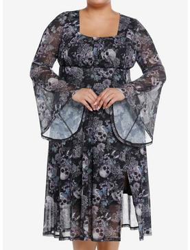 Thorn & Fable Skulls & Flowers Mesh Bell Sleeve Midi Dress Plus Size, , hi-res