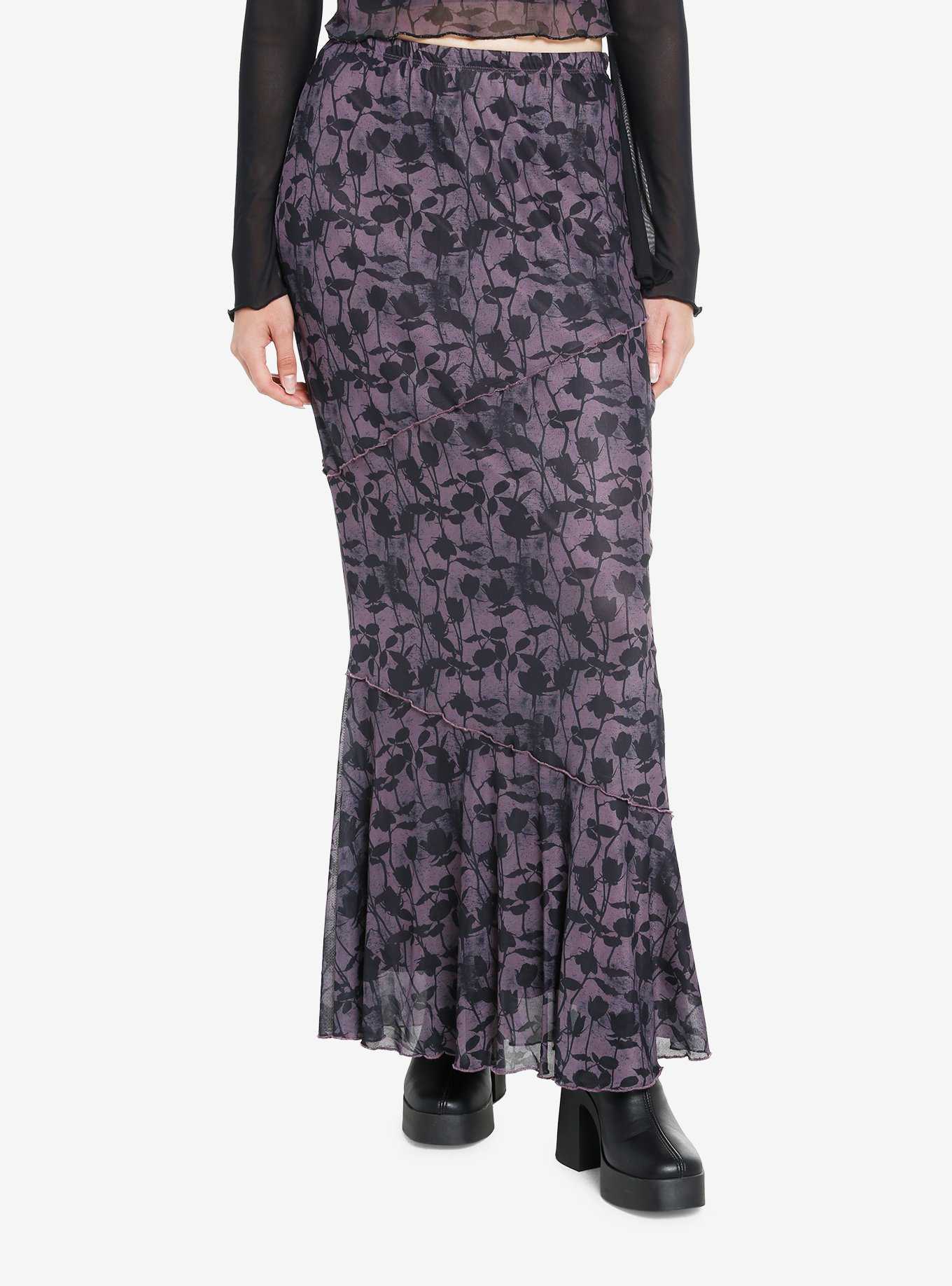 Cosmic Aura Purple & Black Roses Mesh Maxi Skirt, , hi-res