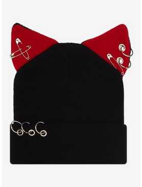 Red & Black Pierced Cat Ears Beanie, , hi-res