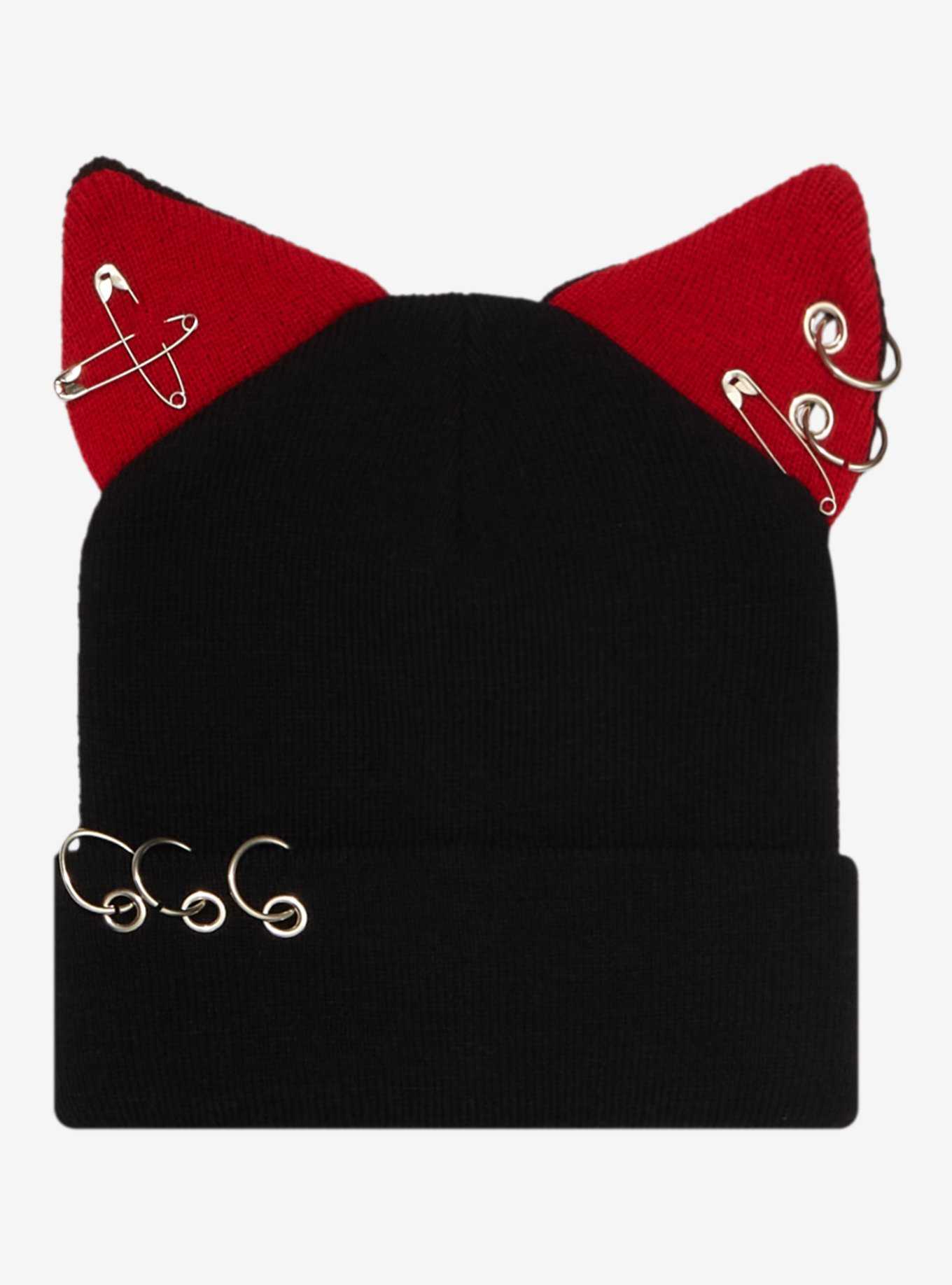 Red & Black Pierced Cat Ears Beanie, , hi-res