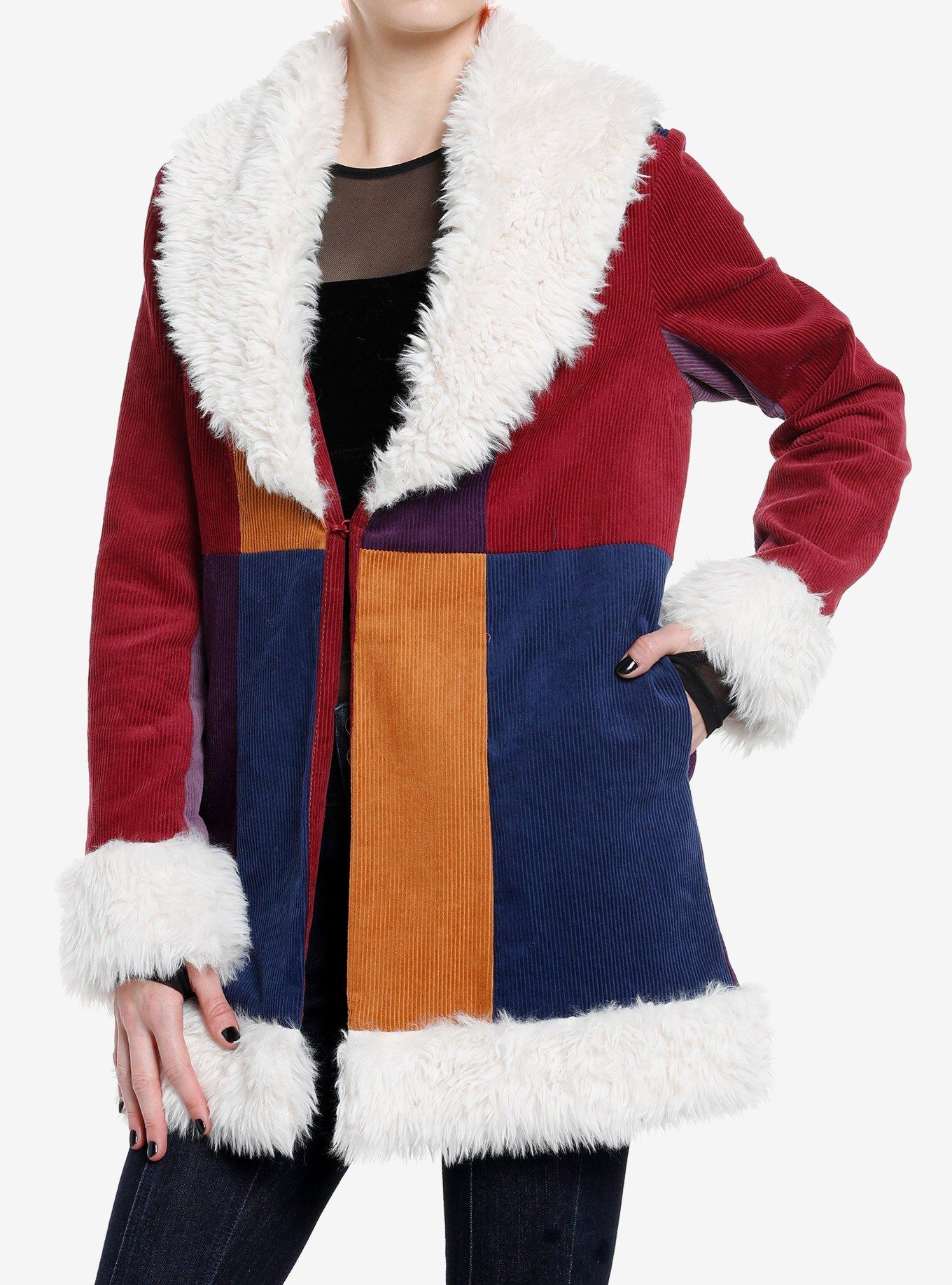 Cosmic Aura Burgundy & Purple Color-Block Faux Fur Trim Girls Coat, IVORY, hi-res