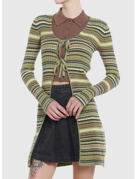 Social Collision Green & Brown Stripe Longline Girls Cardigan, , hi-res
