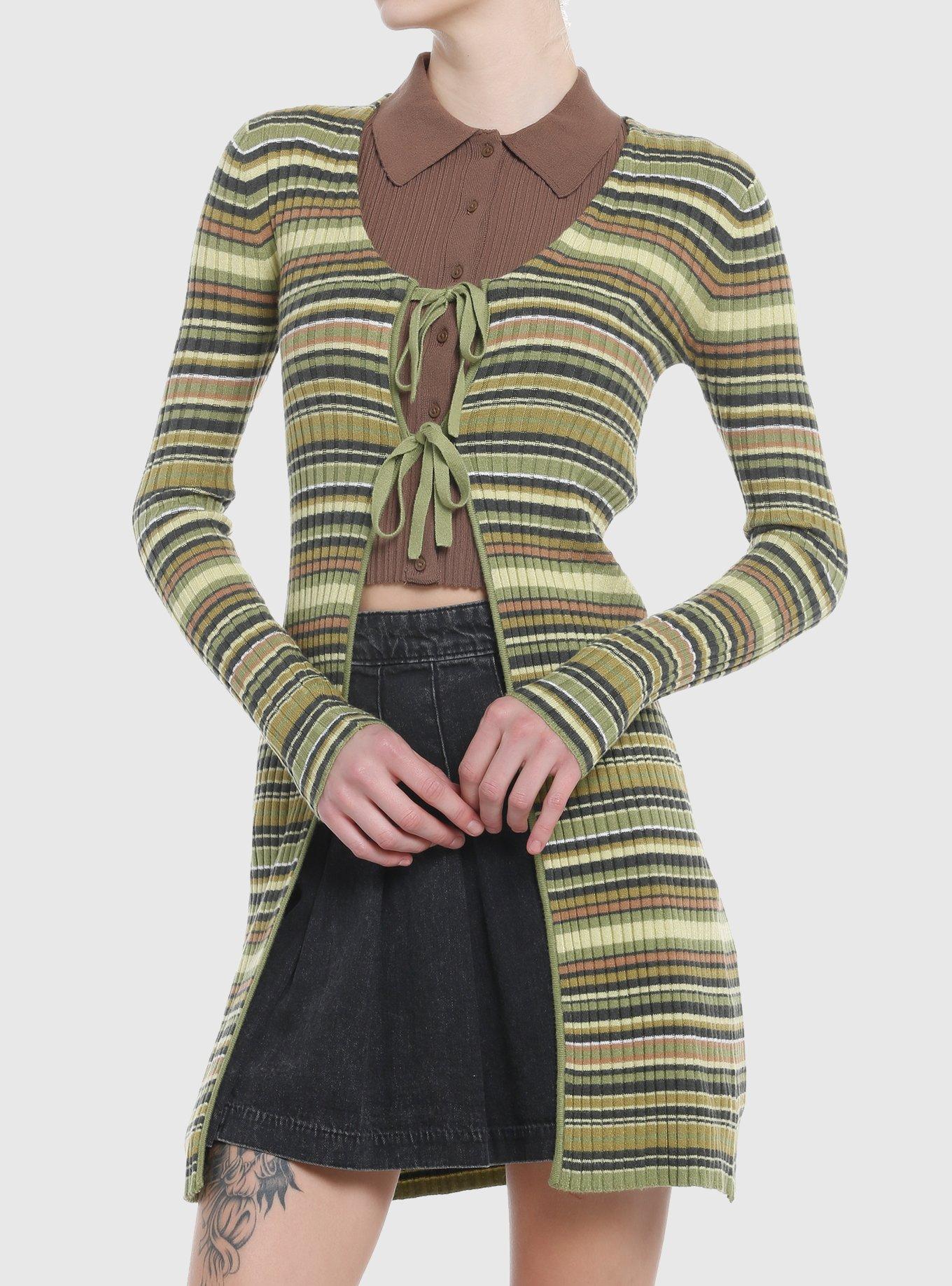 Social Collision Green & Brown Stripe Longline Girls Cardigan, BROWN, hi-res