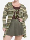 Social Collision Green & Brown Stripe Longline Girls Cardigan Plus Size, BROWN, hi-res