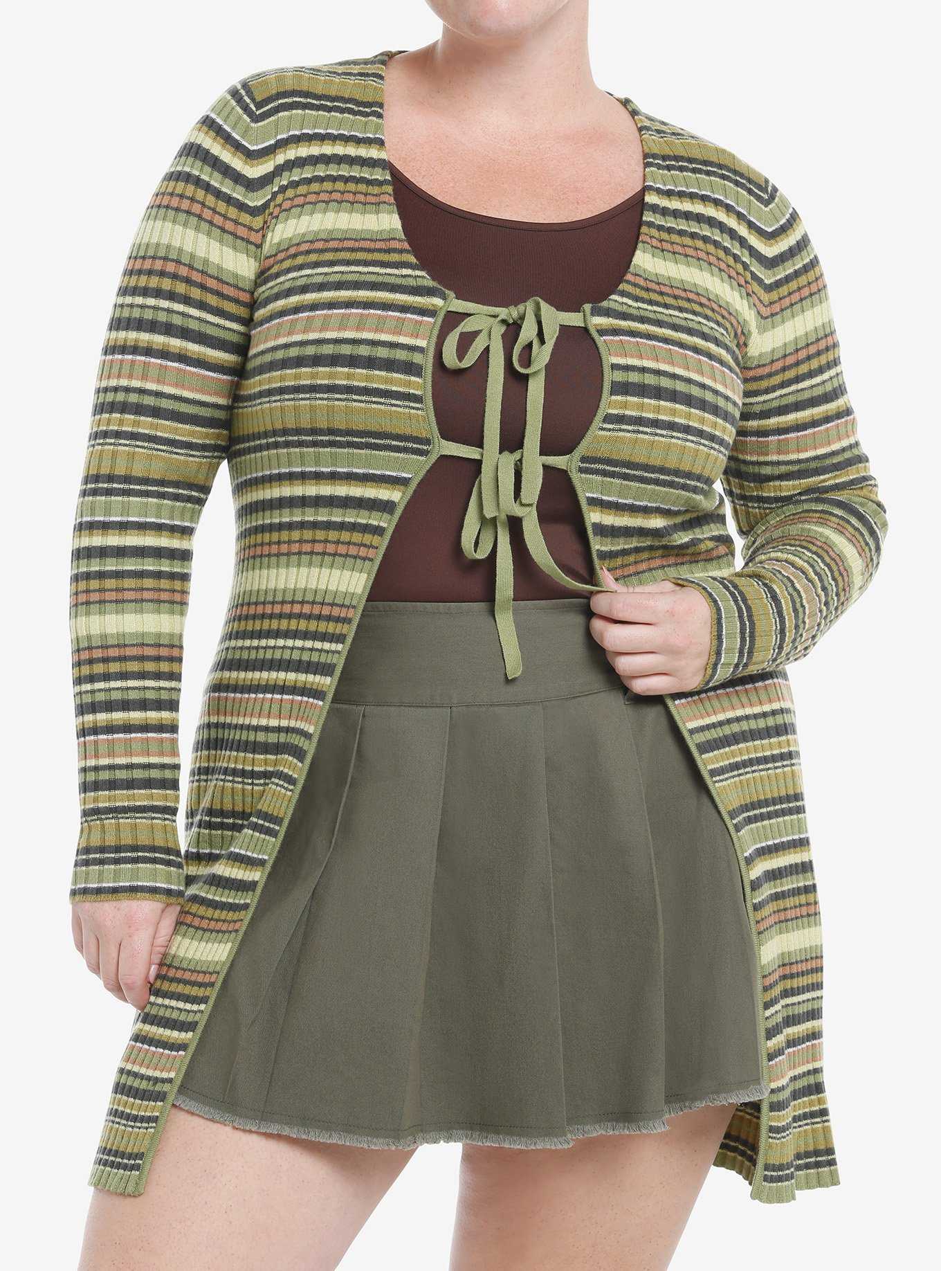 Social Collision Green & Brown Stripe Longline Girls Cardigan Plus Size, , hi-res