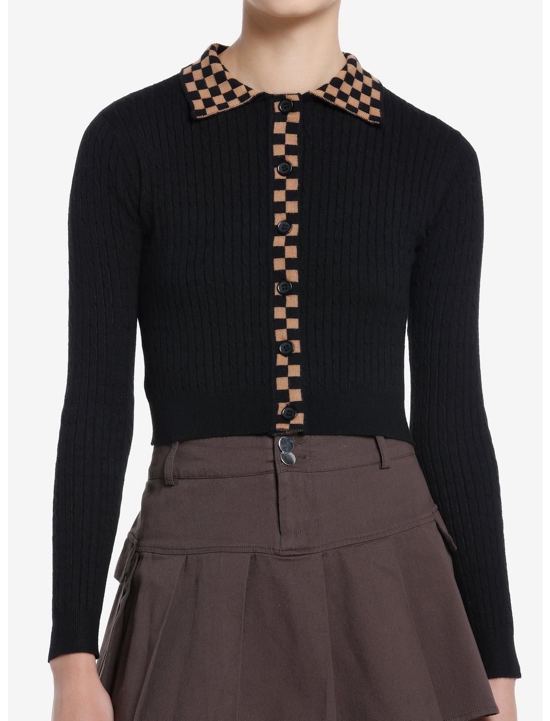 Social Collision Brown & Black Checkered Knit Girls Long-Sleeve Top, BROWN, hi-res