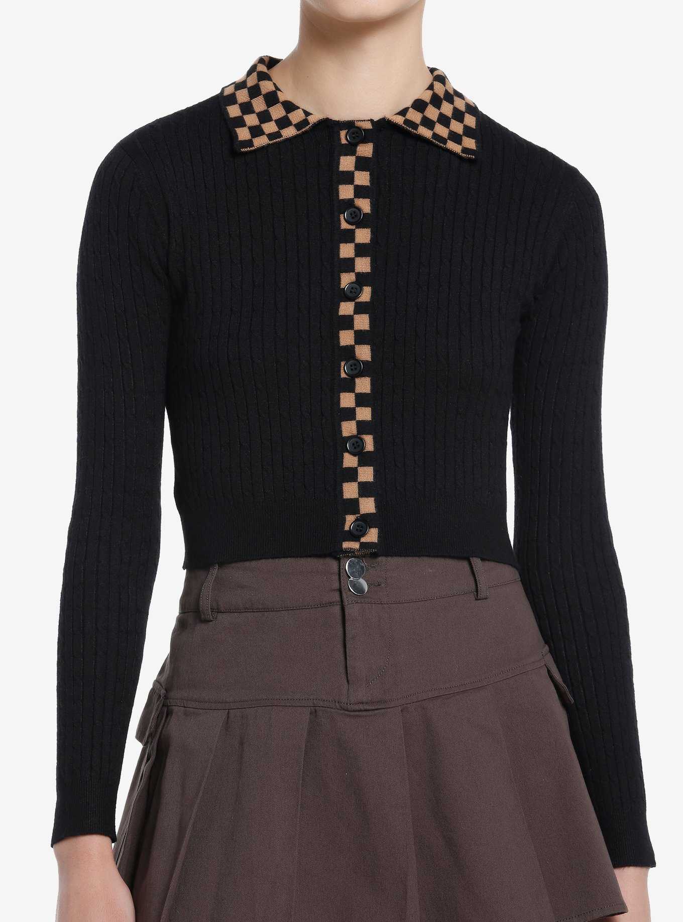 Social Collision Brown & Black Checkered Knit Girls Long-Sleeve Top, , hi-res