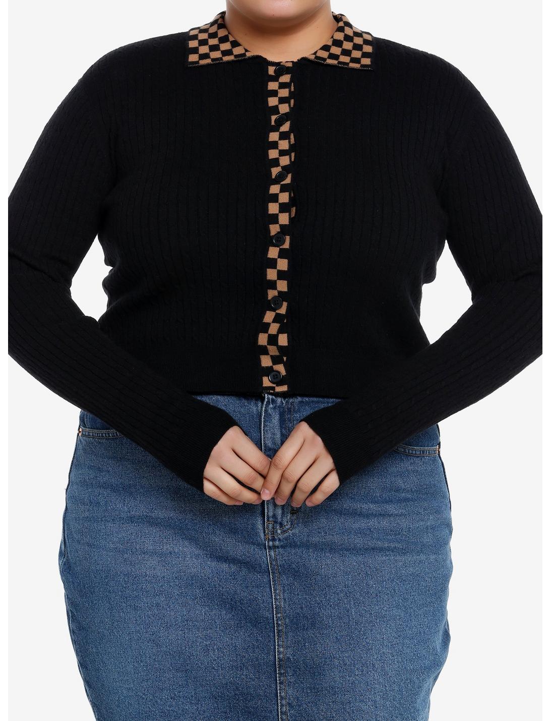 Social Collision Brown & Black Checkered Knit Girls Long-Sleeve Top Plus Size, BROWN, hi-res