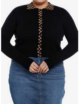 Social Collision Brown & Black Checkered Knit Girls Long-Sleeve Top Plus Size, , hi-res