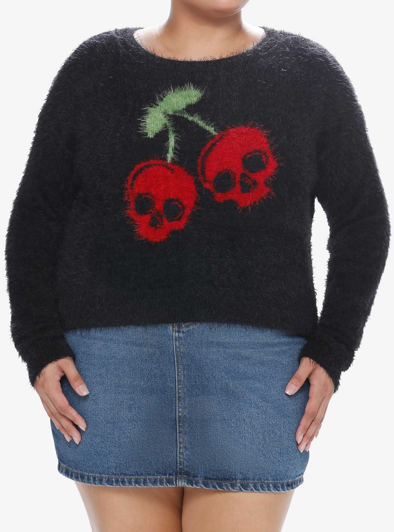 Social Collision Skull Cherry Girls Fuzzy Sweater Plus Size, , hi-res