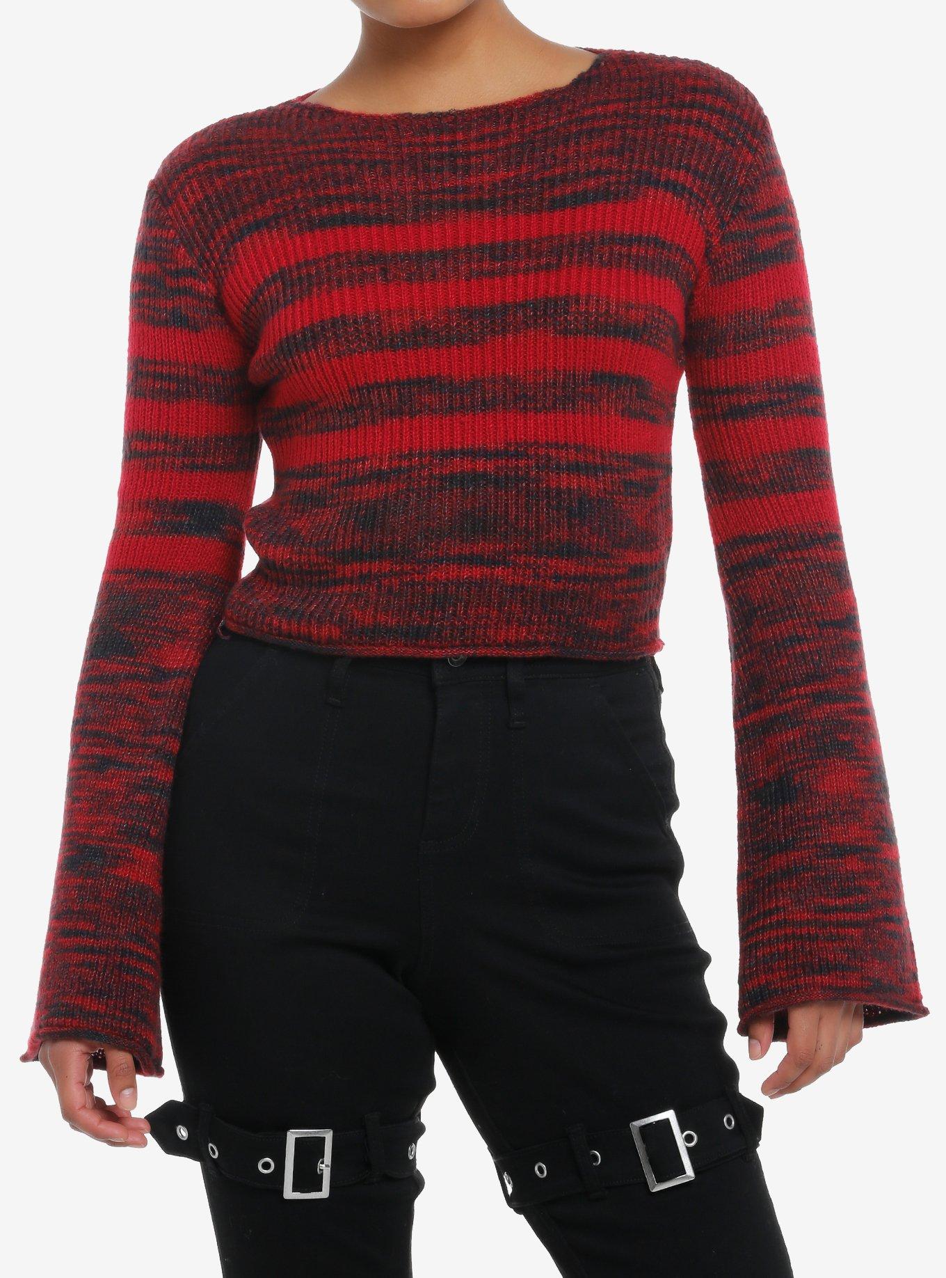 Social Collision Black & Red Stripe Girls Crop Sweater, RED, hi-res