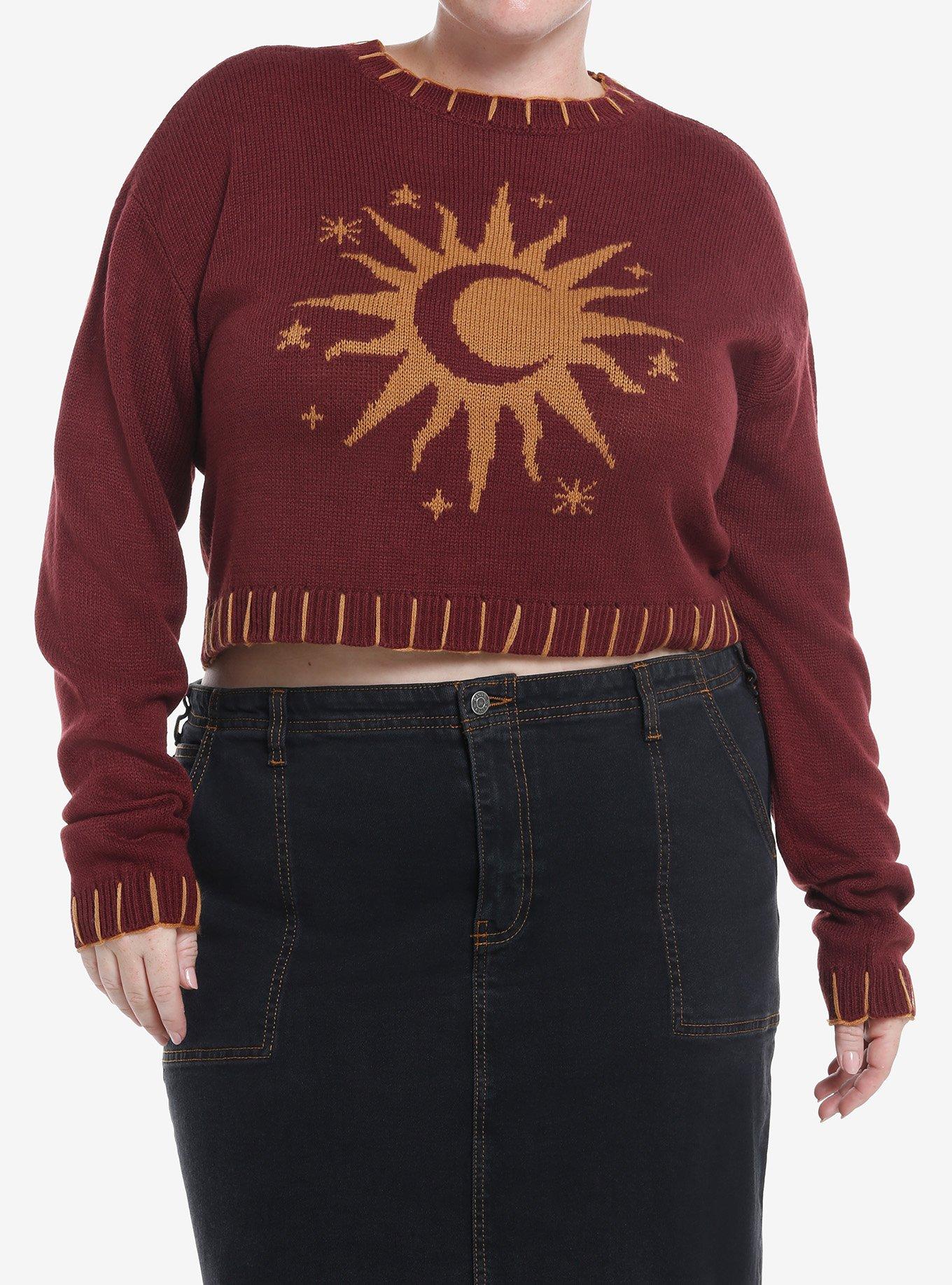 Cosmic Aura Gold Sun & Moon Crop Girls Sweater Plus Size, GOLD, hi-res