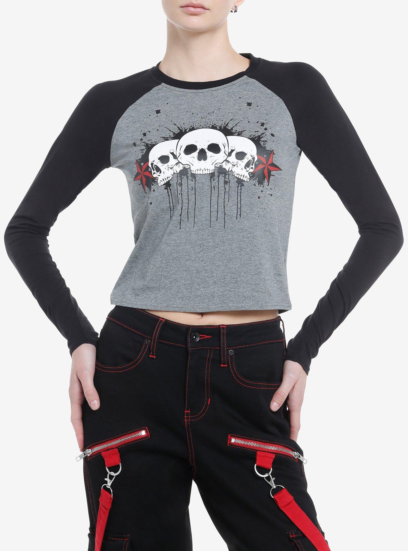 Social Collision Skulls & Stars Girls Raglan Long-Sleeve Top, GREY, hi-res